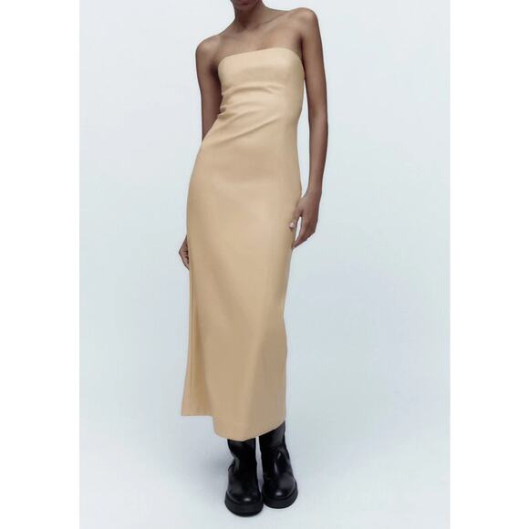 NEW Zara Tan Khaki Strapless Sleeveless Faux Leather Vegan Bandeau Midi Dress XS - Picture 1 of 5